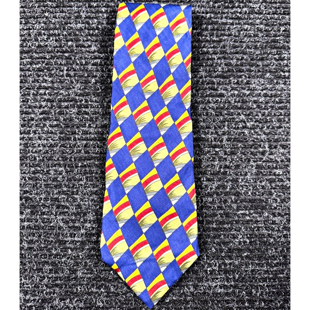 Crossbow 100% Silk Tie Mens 59" Blue Gold Red Geometric Foulard Wide 4" Necktie